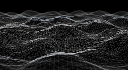 Abstract digital wireframe landscape representing network connections and data flow. A futuristic technology background with a flowing mesh grid.