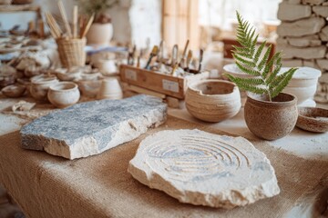Natural Materials on Artisan Workbench in Pottery Studio Featuring Stone, Clay, and Fern with Handcrafted Tools and Earthy Tones Enhancing Creative Craft Environment