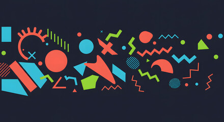 Vibrant retro banner with colorful abstract geometric shapes from the 80s and 90s.