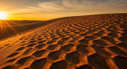 Obraz premium Golden desert dunes under a fiery sunset sky