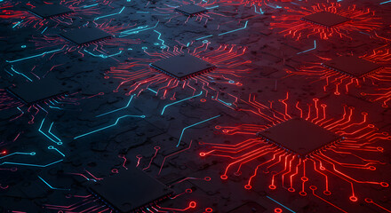 Advanced central processing units with glowing red and blue circuits symbolizing a cyber conflict on a futuristic motherboard.