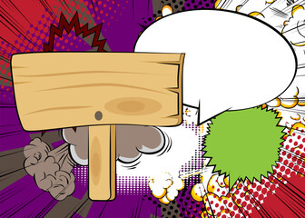 Cartoon wood signboard with blank speech bubble, comic book Rustic Plank background. Retro vector comics pop art design.