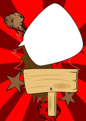 Cartoon wood signboard with blank speech bubble, comic book Rustic Plank background. Retro vector comics pop art design.