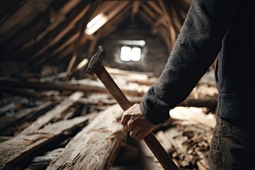 Person with hammer in attic's old wood destruction background. For demo, DIY projects