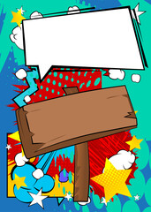 Cartoon wood signboard with blank speech bubble, comic book Rustic Plank background. Retro vector comics pop art design.