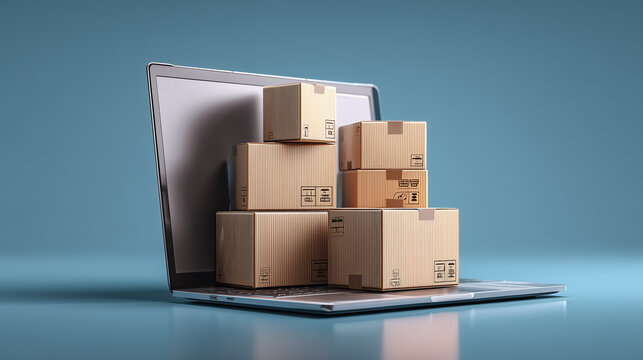 Cardboard boxes standing on a laptop computer are representing e-commerce and online shopping