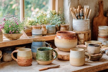 Fototapeta premium Rustic pottery and handcrafted ceramics in a cozy workshop setting with vibrant colors and natural light highlighting artisan craftsmanship