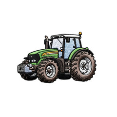 Obraz premium A vibrant green farm tractor depicted in an embroidery style, suitable for designs related to agriculture, farming, and rural life.