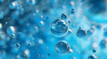 Water purity concept with floating bubbles in luminous blue liquid