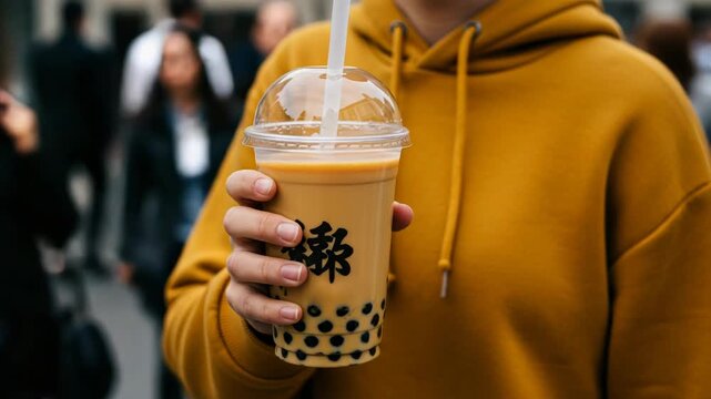 A person in a yellow hoodie holds a large cup of bubble tea with tapioca pearls and a straw