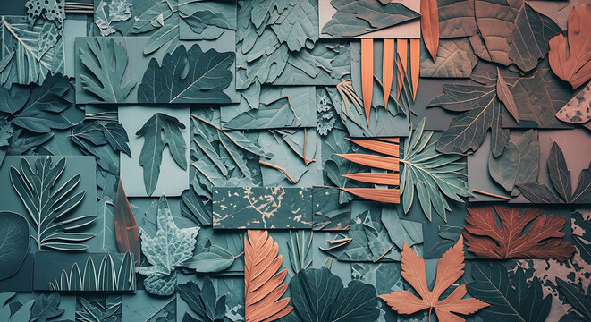 Artistic collage of stylized botanical leaves in muted teal and terracotta hues.