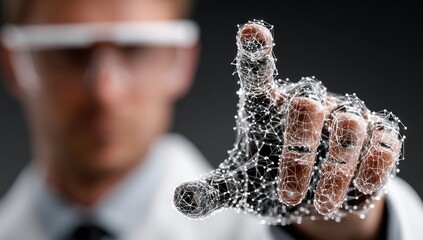 Scientist interacts with digital hand