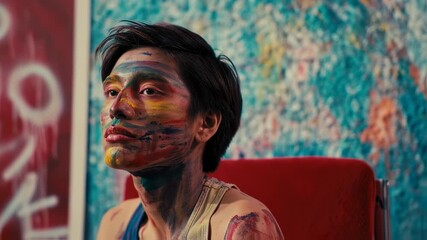 Artistic Expression: Young Artist with Colorful Paint on Face in Studio - Powered by Adobe