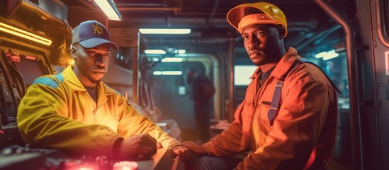 cinematic lighting, dramatic sci-fi scene, two people wearing hazmat suits, intense expression, science laboratory, futuristic technology, detailed dindustrial, igital art, unreal engine, concept art
