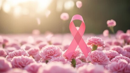 Pink ribbon representing breast cancer awareness set against a blurry backdrop of a flower field in soft focus with light effects creating a sense of hope and health support