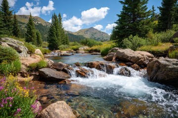 Scenic view of a tranquil river flowing through a serene forest landscape with mountains in the background, showcasing nature's beauty in a bright sunny day.