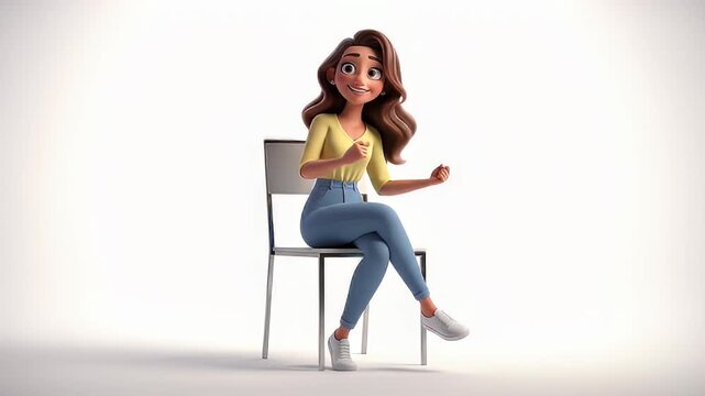 animated 3d cartoon woman character smiling sitting explaining gesturing