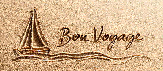 Bon Voyage Handwritten in Wet Beige Sand with Minimalist One-Line Art of Sailboat Beside Text – Gentle Wave Close – Scenic Wide Beach Artwork