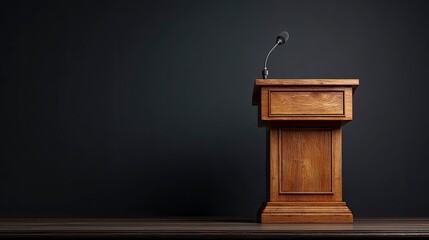 Podium stands ready on stage before presentation; Dark backdrop ideal for speeches