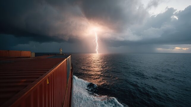 Cargo ship sailing on rough seas during powerful lightning storm over ocean