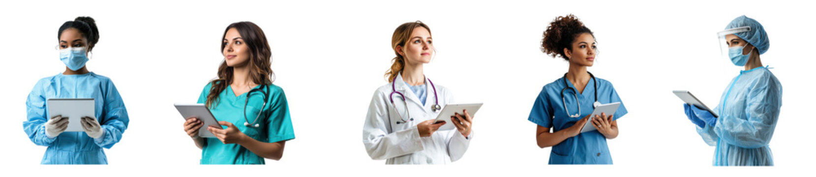 Medical professional holding tablet while looking away front view isolate on transparent background
