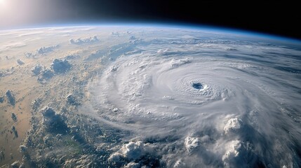 Aerial view of  massive hurricane swirling over planet Earth with  clear blue atmosphere boundary
