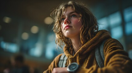 Fototapeta premium Lost in thought young woman with curly hair contemplates future in bright sunny waiting area