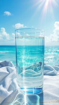 glass of water on the beach