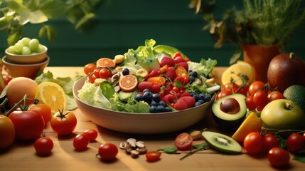 a large bowl filled with colorful fresh fruits and vegetables, including apples, pears, pomegranate, peppers, tomatoes, and herbs, placed on a rustic wooden table with a lush green background, high qu