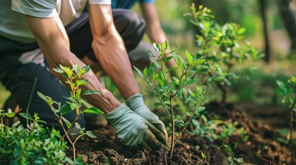 Fototapeta premium Planting saplings with gloved hands for reforestation and conservation