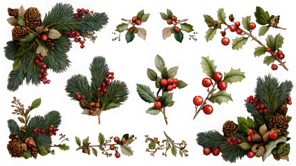 Collection of festive christmas decorations featuring pine branches, holly berries, and fir cones isolated on transparent background