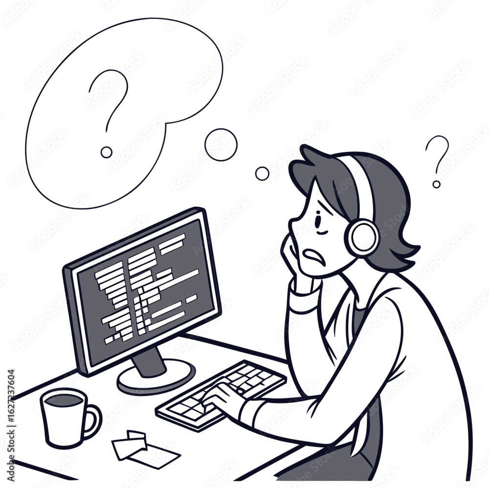 Poster confused programmer wearing headphones sits at a desk with a computer and a cup of coffee thinking h