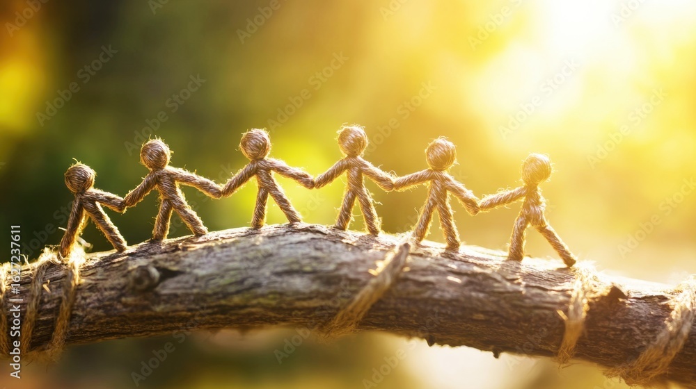 Poster creative representation of unity and teamwork with rope figures holding hands on a branch in a vibra