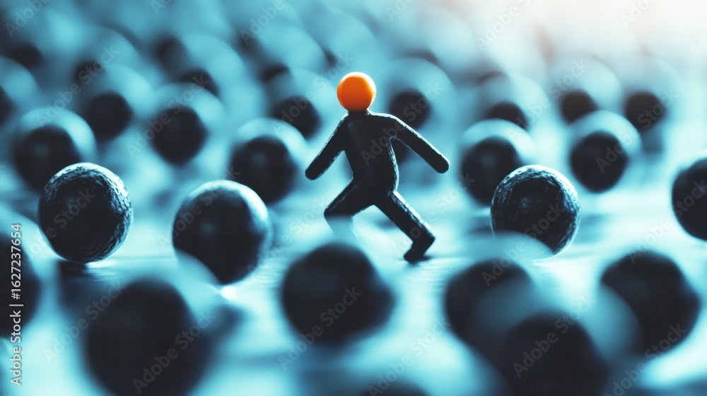 Poster small figure navigating through black spheres on a blue surface with orange head in abstract concept