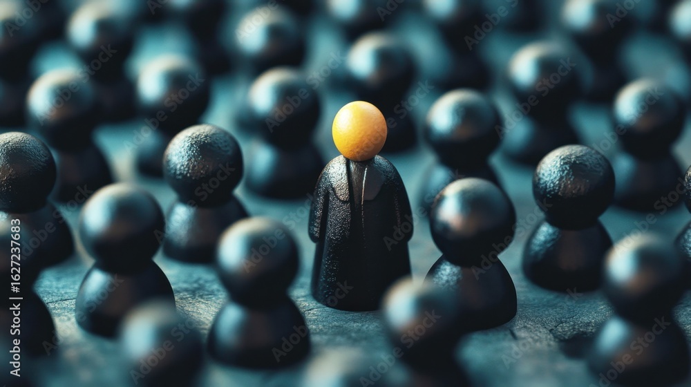 Poster unique individual surrounded by identical figures representing distinction in a crowded environment