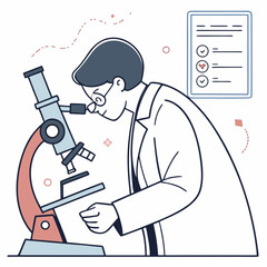 Scientist in lab coat looking through microscope with checklist on wall symbolizing research and discovery