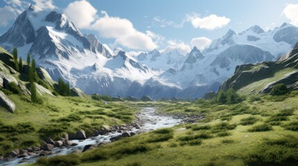 mountainous landscape, snowy peaks, winding river, lush green meadows, clouds in the sky, dramatic lighting, serene and peaceful atmosphere, cinematic composition, digital art, highly detailed, hyperr