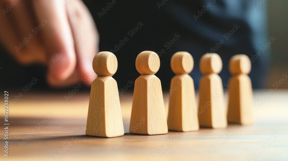 Poster wooden figurines lined up in a row with a human hand organizing them on a wooden table in a soft and