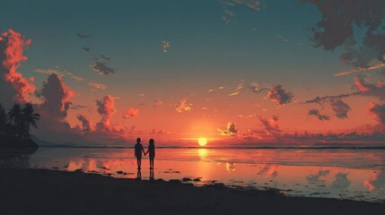 Fototapeta premium Romantic Sunset Over Calm Ocean with Loving Couple Holding Hands Silhouetted Against Vivid Colors of Dusk Reflected on Water’s Surface