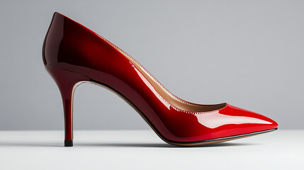 Stunning red patent leather stiletto heel shoe exudes modern elegance and sophisticated style for any fashion-forward occasion.