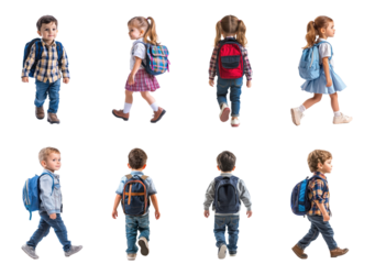 Young little girl student walking to school, full length back view isolate on transparent background