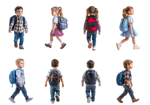 Young little girl student walking to school, full length back view isolate on transparent background - Powered by Adobe