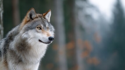 Naklejka premium Majestic wolf stands gracefully in a serene forest setting with soft morning light filtering through trees