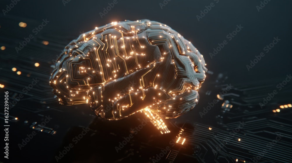 Poster digital brain concept representing artificial intelligence and neural networks with circuit patterns