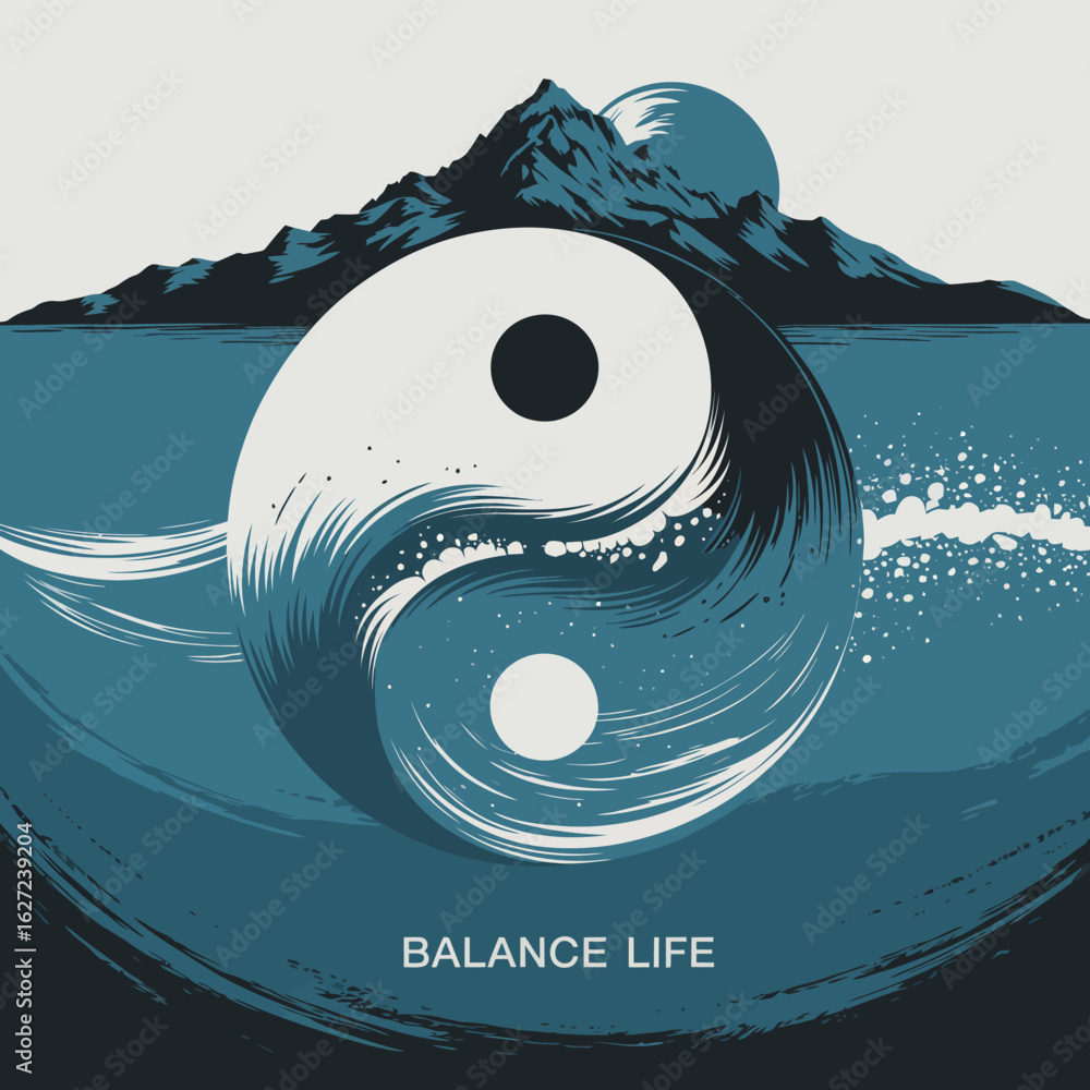 Poster yin yang symbol representing the balance of life with crashing ocean waves and mountains in the back
