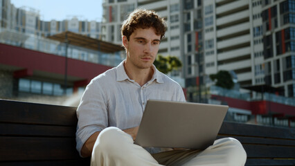 Happy Caucasian man business city freelancer working laptop computer win victory emotional male businessman online excited guy achieve celebrate amazed job offer employer outdoor player internet gamer