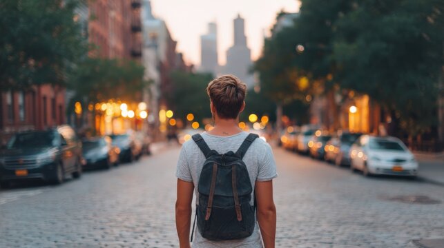 Young traveler exploring a city street at sunrise with backpack
