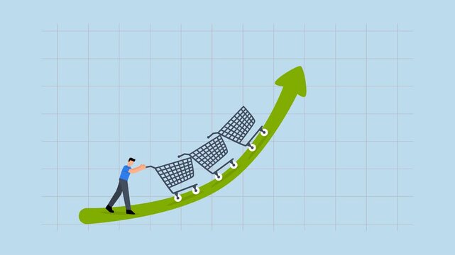Increase sales, 4k animation of executive sales leader promote function of shopping cart trolley upward trending arrow.