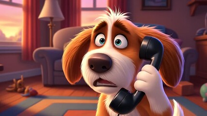 stressed cartoon animation dog on telephone call