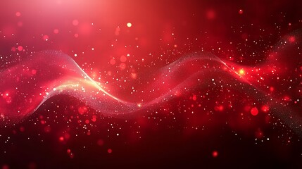 Abstract red background with vibrant color scheme, featuring golden-white glitter particles and light streaks forming wave trajectories, dotted with bokeh circles and white dust-like particles, creati
